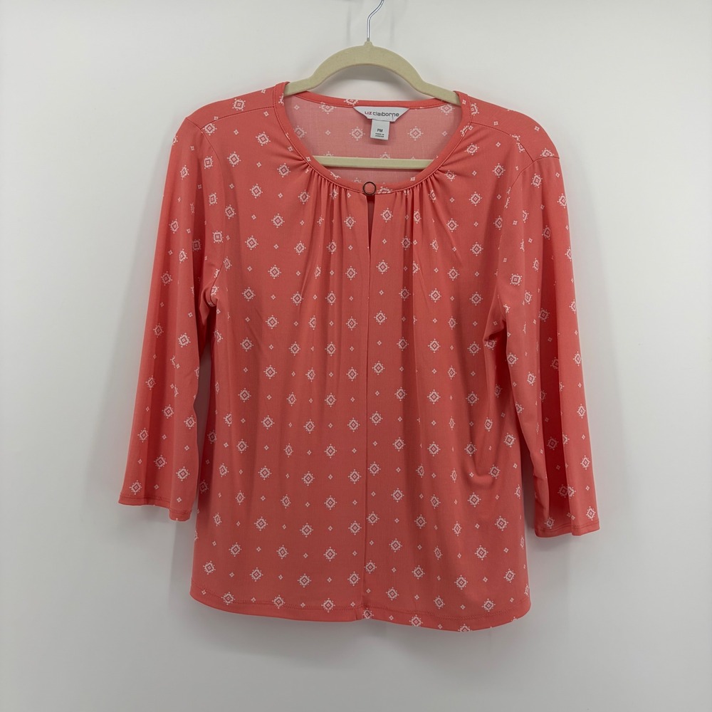 Liz Claiborne Womens PM Petite Medium Coral Pink Medallion 3/4 Sleeve Blouse Top